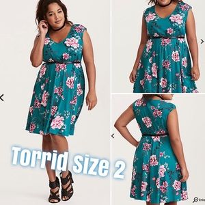 Turquoise Floral Print Challis Skater Dress